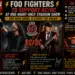 Promotional poster announcing a one-night stadium show: Foo Fighters to support AC/DC, featuring two guitarists, bold logos, and side panels with venue and date details.