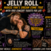 B403cf0a-5427-413b-8801-914d751fe271 - the Riff Report Blog Collage poster featuring Jelly Roll hugging a fan, with bold headlines about free concert tickets for life, logos like 'The Riff Report', and colorful captions and quotes surrounding the image.