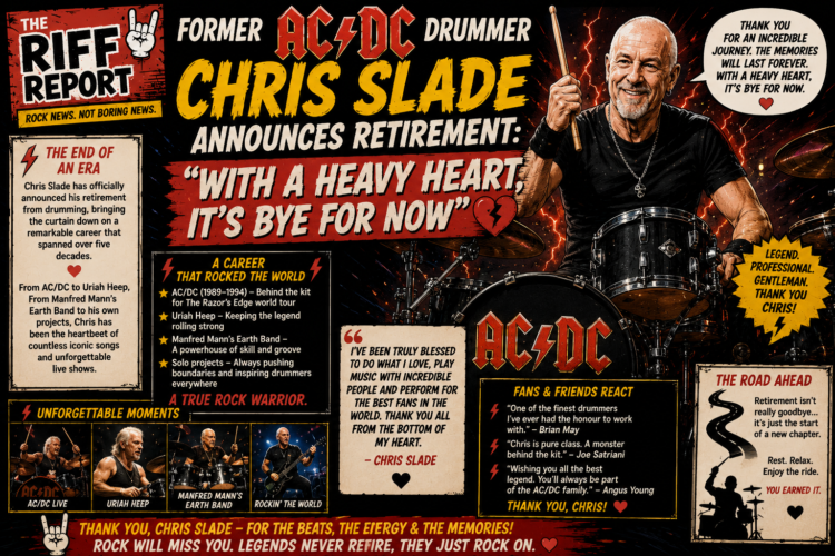 B6d5b0f6-62c8-42e4-b265-528d699033e3 - the Riff Report Blog Comic-style poster announcing Chris Slade's retirement from AC/DC, with the drummer at his kit and bold headlines.