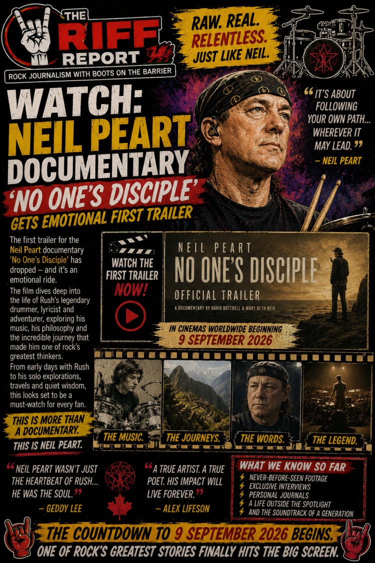 Promotional poster for the Neil Peart documentary 'No One's Disciple', featuring a close-up portrait and bold typography.