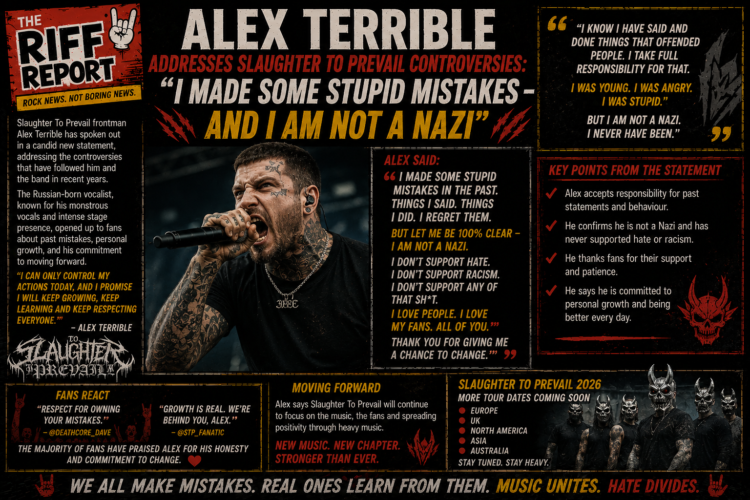 Beb0b7eb-ed84-43e5-8900-6c0862ef764a - the Riff Report Blog Collage poster featuring Alex Terrible with a microphone, bold headlines about his statements, and panels of quotes and notes about Slaughter To Prevail and the tour.