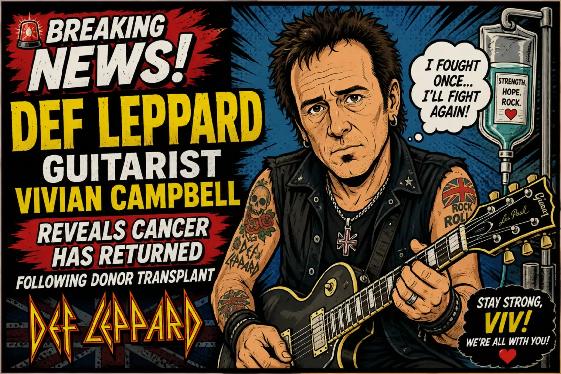 Comic-style Breaking News poster about Def Leppard guitarist Vivian Campbell revealing cancer has returned after a donor transplant, shown with a guitar.