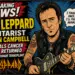 Comic-style Breaking News poster about Def Leppard guitarist Vivian Campbell revealing cancer has returned after a donor transplant, shown with a guitar.
