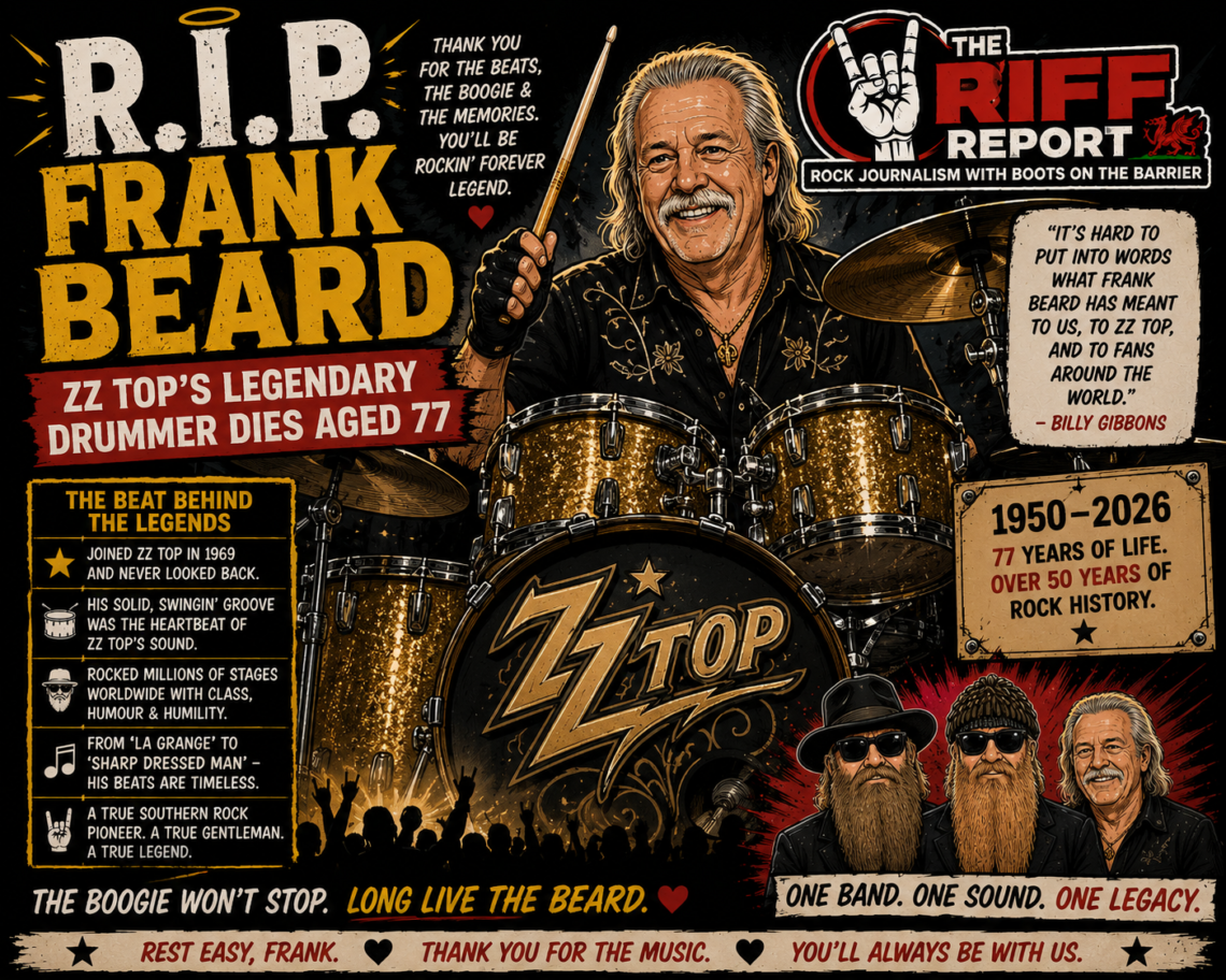 Tribute poster announcing ZZ Top drummer Frank Beard's death, with 'R.I.P. FRANK BEARD' and a gold drum kit centerpiece.