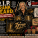 Tribute poster announcing ZZ Top drummer Frank Beard's death, with 'R.I.P. FRANK BEARD' and a gold drum kit centerpiece.