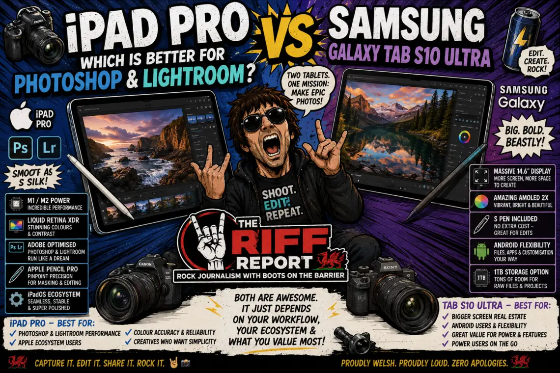 Comic-style infographic comparing iPad Pro and Samsung Galaxy Tab S10 Ultra, with two tablets, a rock musician, and bold tech icons and captions.
