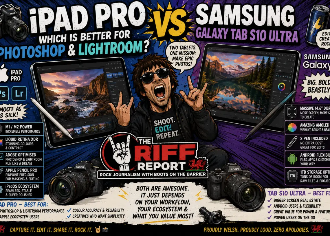 Comic-style infographic comparing iPad Pro and Samsung Galaxy Tab S10 Ultra, with two tablets, a rock musician, and bold tech icons and captions.