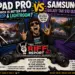 Comic-style infographic comparing iPad Pro and Samsung Galaxy Tab S10 Ultra, with two tablets, a rock musician, and bold tech icons and captions.