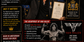 C34056cd-217d-4631-8005-6e84a29c12f4 - the Riff Report Blog Poster-style tribute: 'Van Halen Legend' featuring Alex Van Halen raising his fist with a Dutch flag background and awards.