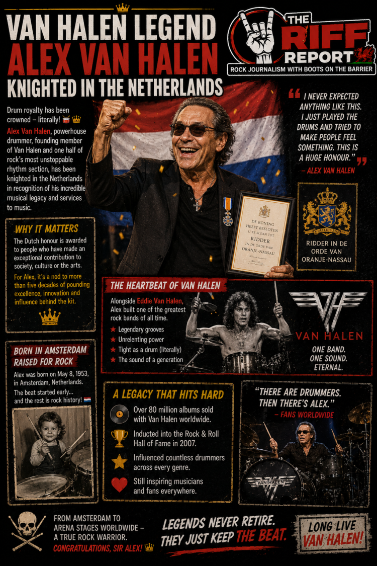 C34056cd-217d-4631-8005-6e84a29c12f4 - the Riff Report Blog Poster-style tribute: 'Van Halen Legend' featuring Alex Van Halen raising his fist with a Dutch flag background and awards.