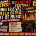 Comic-book style poster announcing Reading Festival: large bold headlines 'READING FESTIVAL GRANTED EXTRA NIGHT OF MUSIC', stage with flames and bright lights, cheering crowd; a frustrated man with 'TOO LOUD!' sign U and a 'ENOUGH IS ENOUGH!' speech bubble adds context.