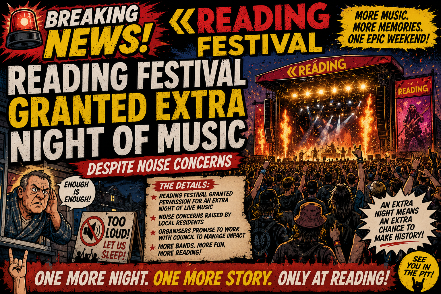 Comic-book style poster announcing Reading Festival: large bold headlines 'READING FESTIVAL GRANTED EXTRA NIGHT OF MUSIC', stage with flames and bright lights, cheering crowd; a frustrated man with 'TOO LOUD!' sign U and a 'ENOUGH IS ENOUGH!' speech bubble adds context.