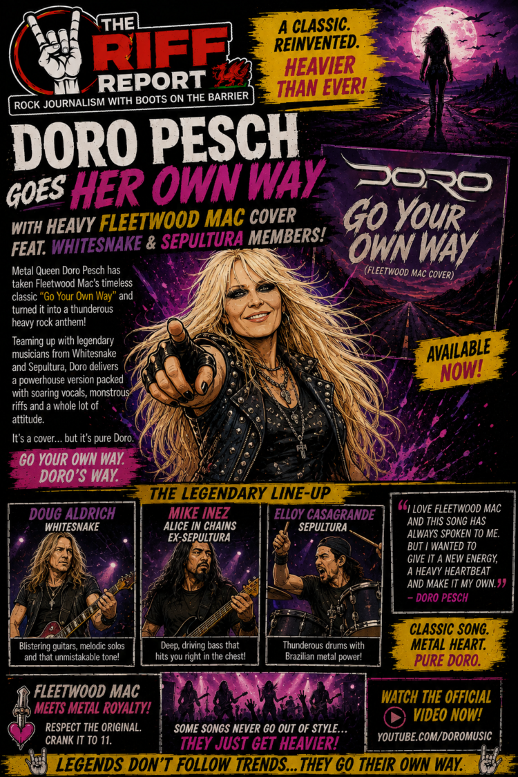 Rock poster with Doro Pesch in a studded jacket pointing at you, title 'Doro Pesch Goes Her Own Way' and 'Fleetwood Mac cover' text on a purple, fiery background