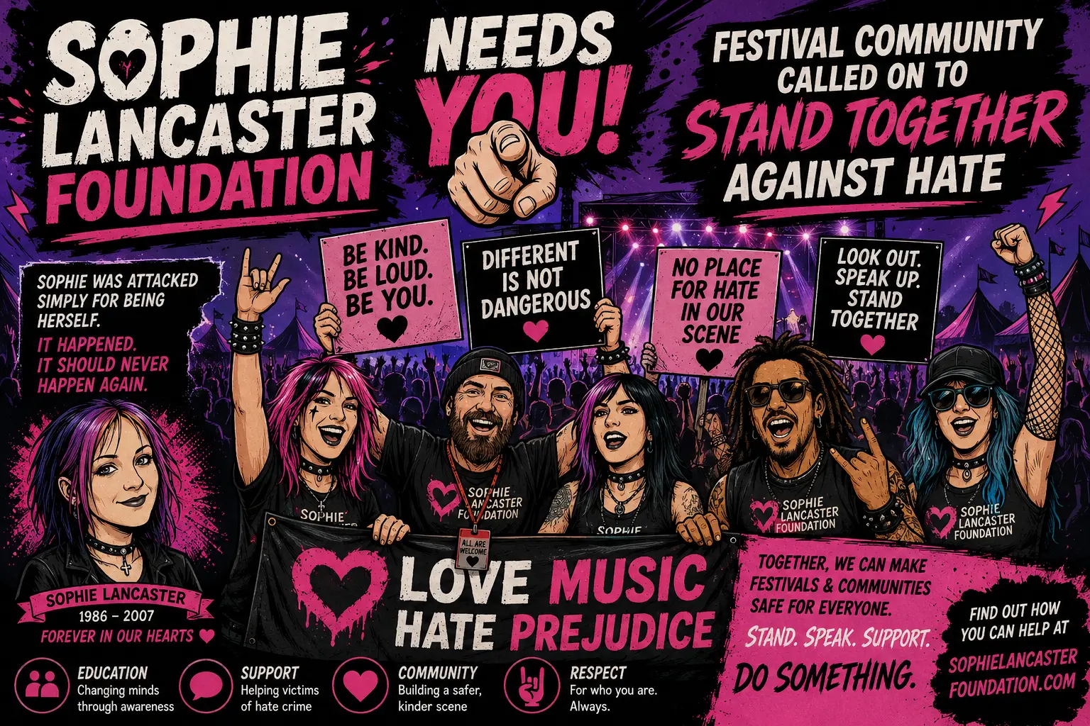 Poster for Sophie Lancaster Foundation with a cheering crowd holding anti-hate signs and messages about kindness, unity, and standing together against hate.
