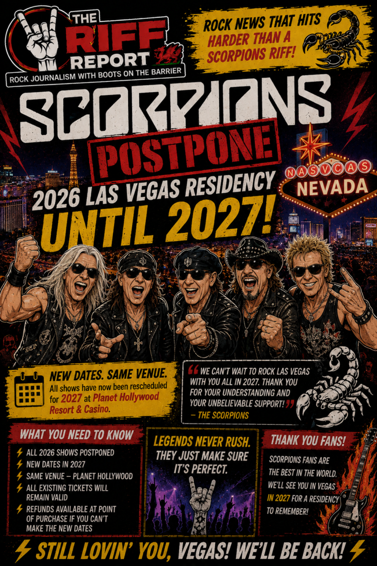 Concert poster announcing Scorpions postponed Las Vegas residency (2026–2027) with band members in leather jackets and neon signs.
