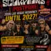 Concert poster announcing Scorpions postponed Las Vegas residency (2026–2027) with band members in leather jackets and neon signs.