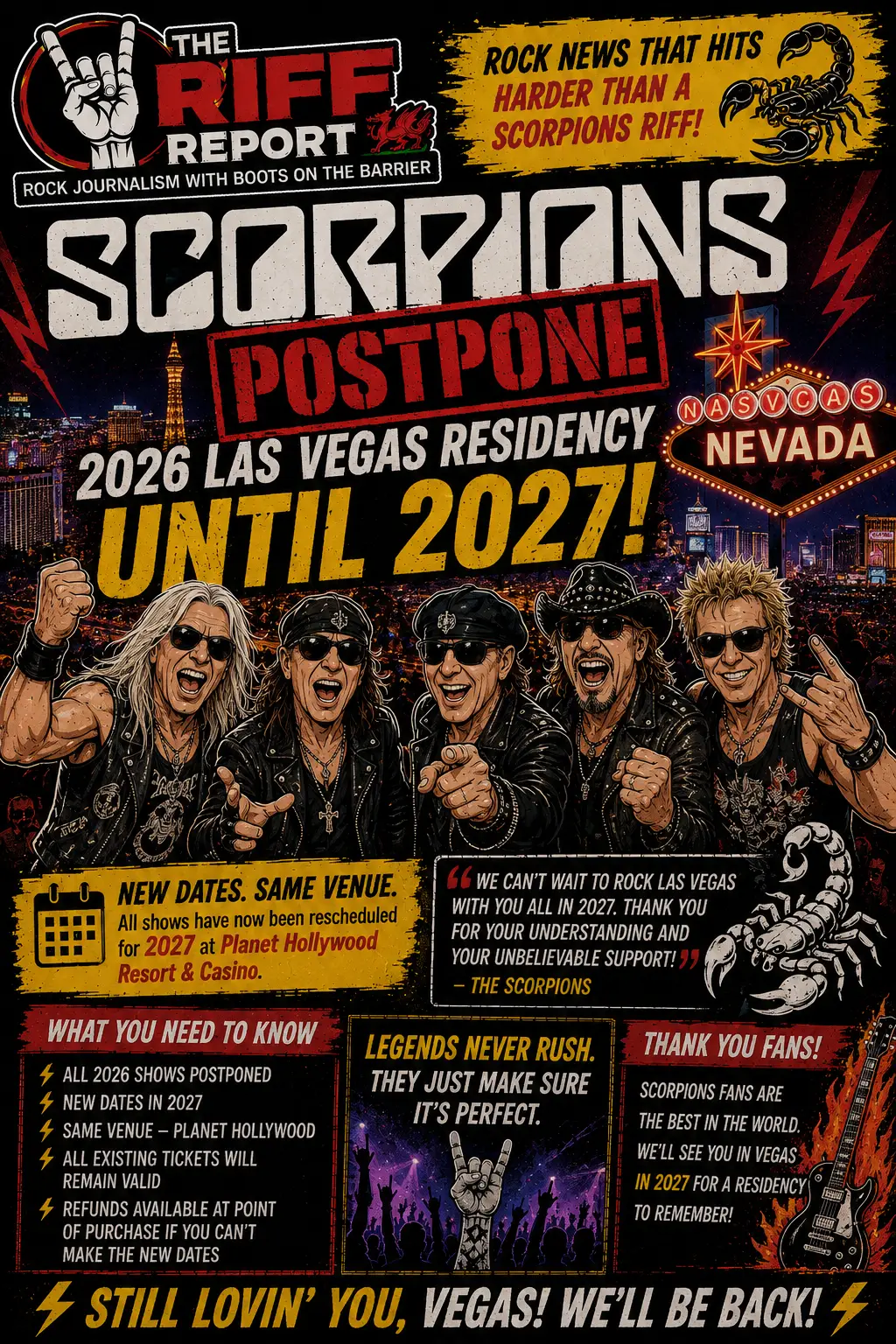 Concert poster announcing Scorpions postponed Las Vegas residency (2026â2027) with band members in leather jackets and neon signs.