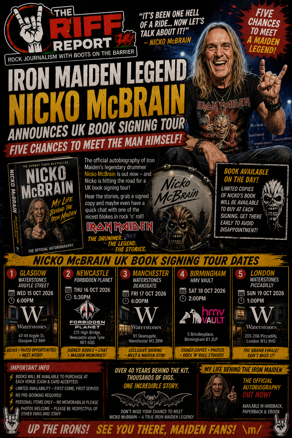 Promotional poster for Nicko McBrain Iron Maiden book tour, showing Nicko with drums, bold headlines and tour dates at bottom (Glasgow, Newcastle, Manchester, Birmingham, London).