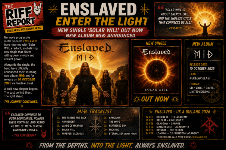 Da2da9aa-30f3-4105-b823-7aa36c11bf73 - the Riff Report Blog Promotional collage for Enslaved featuring the band with a fiery sun backdrop and marketing text for a new album and single.