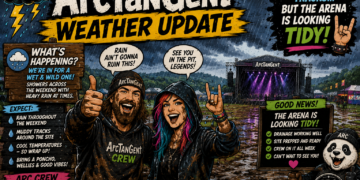 Dab38b96-fd8c-4abc-a40d-69b8ea897b90 - the Riff Report Blog Comic-style promo poster for ArcTangent Weather Update 2026 with two smiling crew members in rain gear, festival stage, and weather notes.
