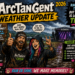 Comic-style promo poster for ArcTangent Weather Update 2026 with two smiling crew members in rain gear, festival stage, and weather notes.