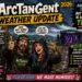 Comic-style promo poster for ArcTangent Weather Update 2026 with two smiling crew members in rain gear, festival stage, and weather notes.