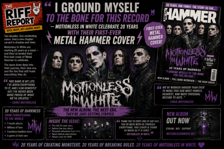 Dd239f63-9ef0-499e-a1b5-d273045968c6 - the Riff Report Blog Magazine cover collage celebrating Motionless in White's 20th anniversary, featuring band photos, bold purple and white headlines, and 'Riff Report' panels on black-purple background.