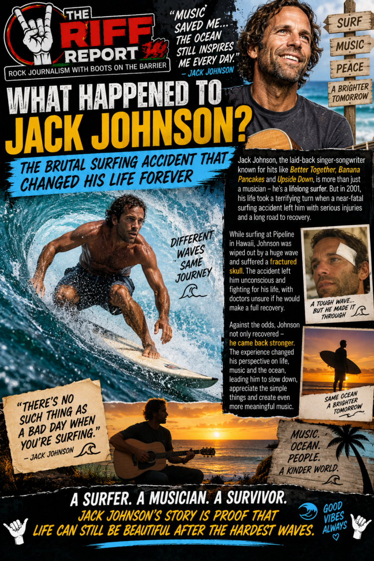 Poster-style collage about Jack Johnson’s life as a surfer and musician, with bold title and waves imagery.