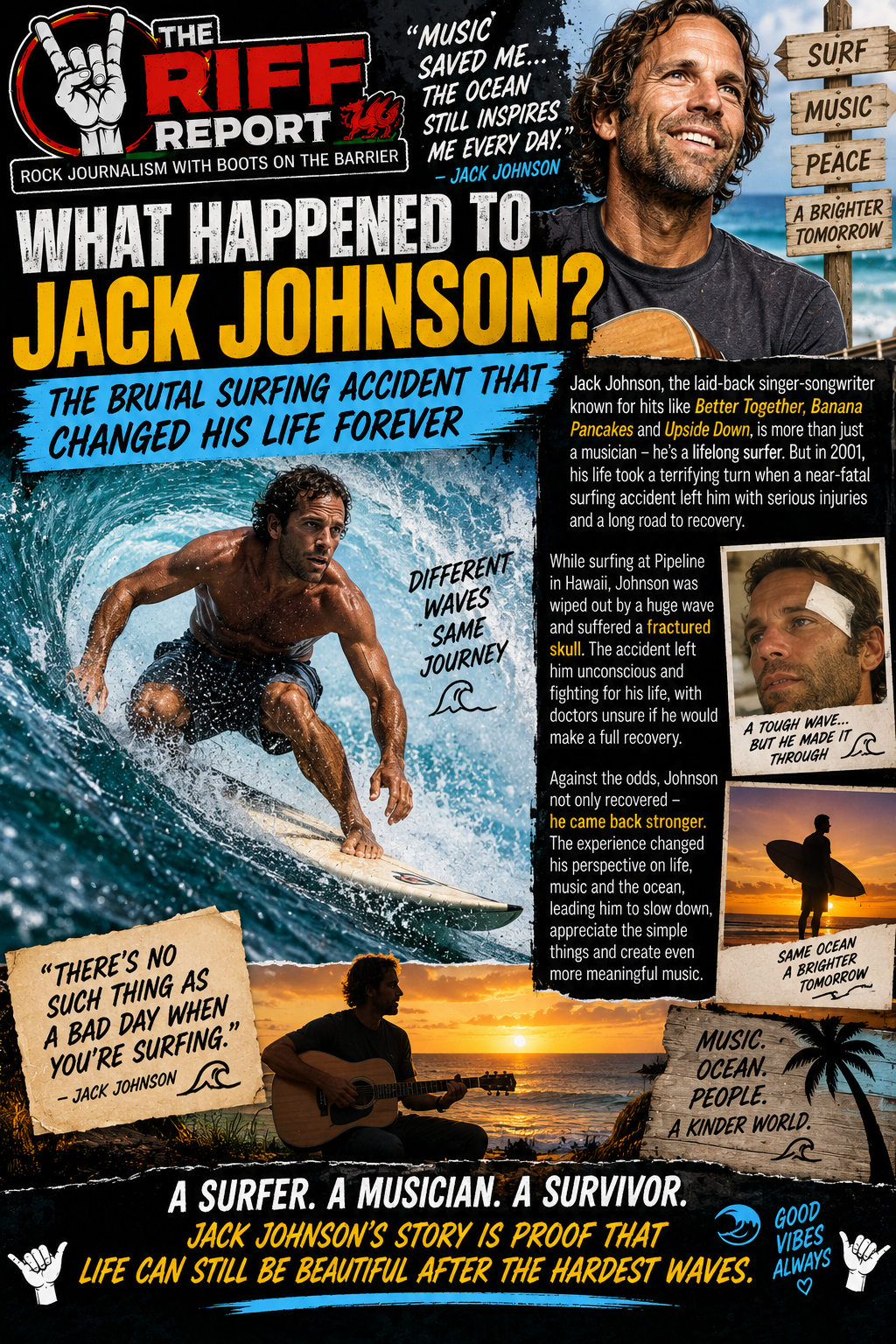 Poster-style collage about Jack Johnson’s life as a surfer and musician, with bold title and waves imagery.