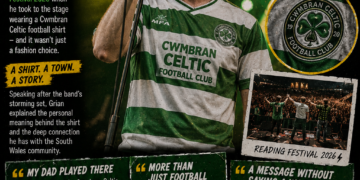 E1271249-050f-4382-b65d-7fda5b66bc79 - the Riff Report Blog Poster announcing Grian Chatten of Fontaines D.C. explaining his Celtic shirt at Reading Festival 2026; features Chatten on stage in a green-and-white Cwmbran Celtic shirt, festival photo, crest logo, and quotes.