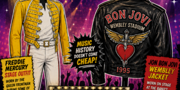 E343e4a5-d2bf-4eee-9d69-2b987a6c5008 - the Riff Report Blog Colorful poster for a rock memorabilia auction featuring Freddie Mercury’s yellow stage outfit and Jon Bon Jovi’s Wembley jacket, with Sotheby’s London sale details.