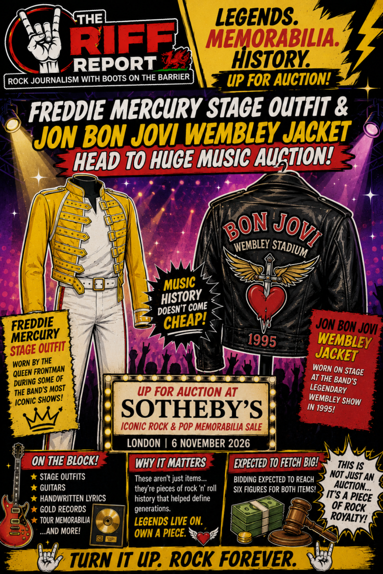 E343e4a5-d2bf-4eee-9d69-2b987a6c5008 - the Riff Report Blog Colorful poster for a rock memorabilia auction featuring Freddie Mercuryβs yellow stage outfit and Jon Bon Joviβs Wembley jacket, with Sothebyβs London sale details.