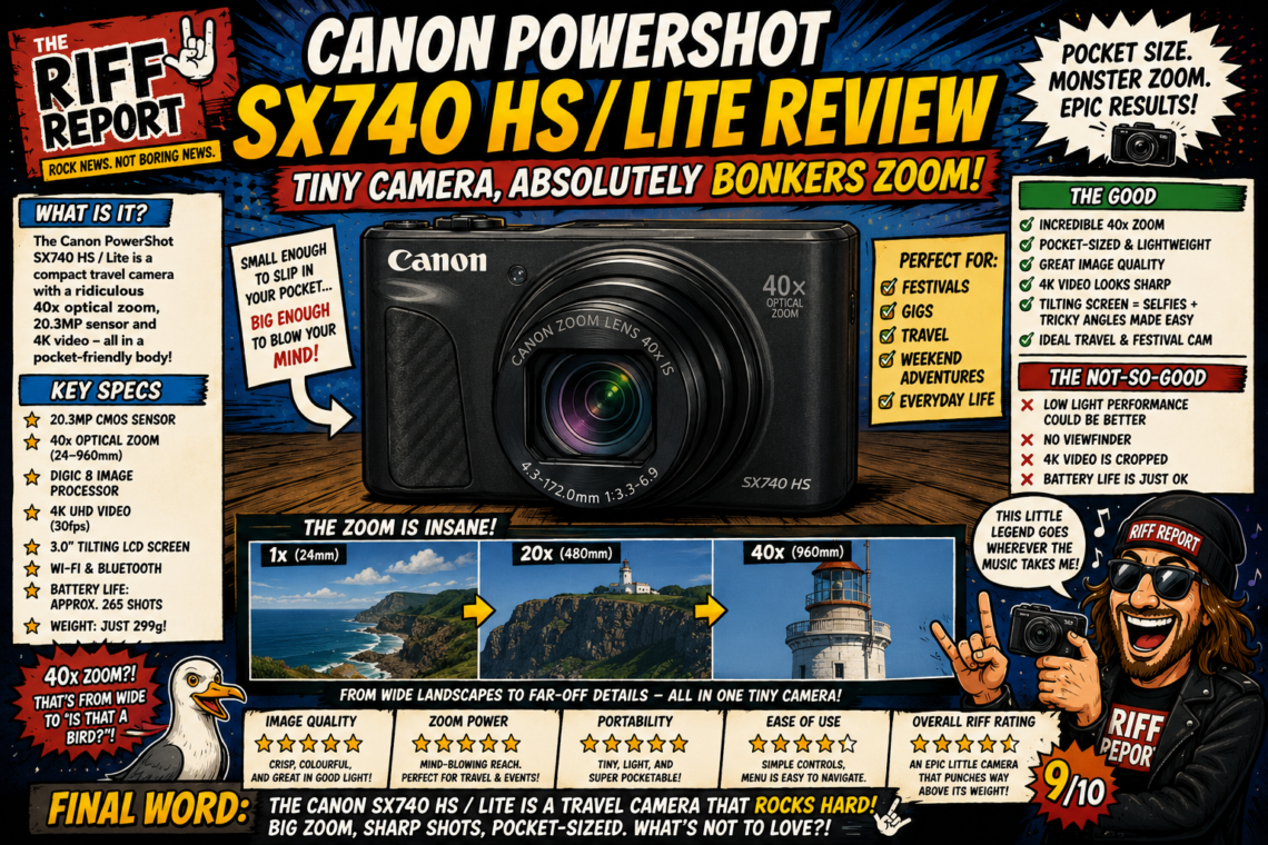 Comic-style infographic advertising the Canon PowerShot SX740 HS camera with bold title and a large camera image, plus specs and review notes.