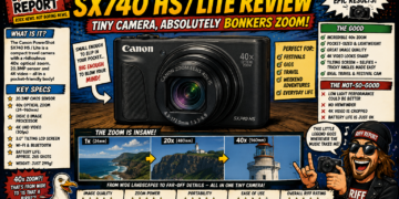 E5b15711-a026-4e17-ab96-e033ac118938 - the Riff Report Blog Comic-style infographic advertising the Canon PowerShot SX740 HS camera with bold title and a large camera image, plus specs and review notes.