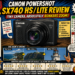 Comic-style infographic advertising the Canon PowerShot SX740 HS camera with bold title and a large camera image, plus specs and review notes.