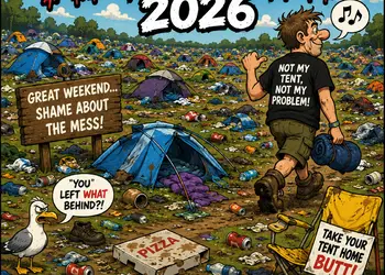 E5b42757-44e6-4897-9840-f0c740014a30-1 - the Riff Report Blog Cartoon-style poster showing a chaotic festival campsite with tents, litter, and a man carrying gear; banner reads 'Reading Festival Aftermath 2026' (informative)