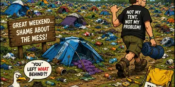 E5b42757-44e6-4897-9840-f0c740014a30-1 - the Riff Report Blog Cartoon-style poster showing a chaotic festival campsite with tents, litter, and a man carrying gear; banner reads 'Reading Festival Aftermath 2026' (informative)