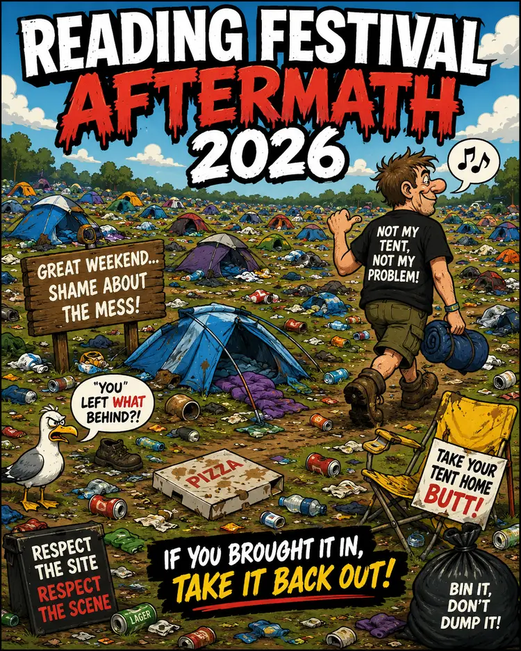 E5b42757-44e6-4897-9840-f0c740014a30-1 - the Riff Report Blog Cartoon-style poster showing a chaotic festival campsite with tents, litter, and a man carrying gear; banner reads 'Reading Festival Aftermath 2026' (informative)