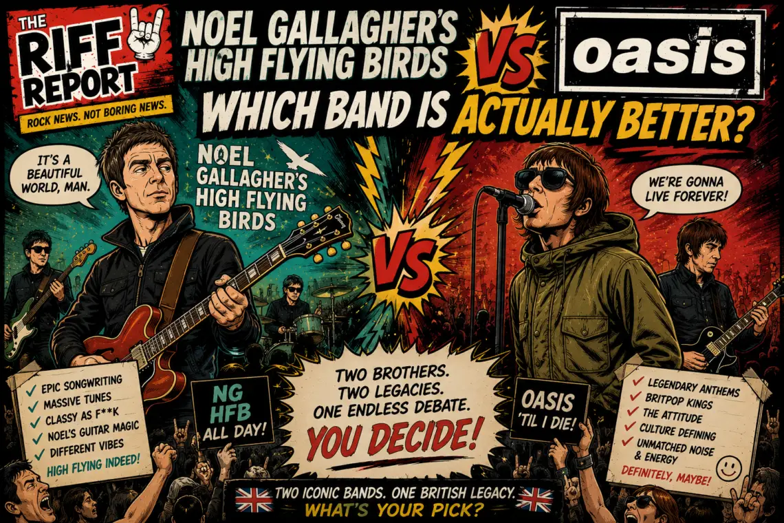 Comic poster showdown: RIFF REPORT pits Noel Gallagher's High Flying Birds against Oasis, with big VS explosions and a cheering crowd.