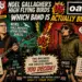 Comic poster showdown: RIFF REPORT pits Noel Gallagher's High Flying Birds against Oasis, with big VS explosions and a cheering crowd.
