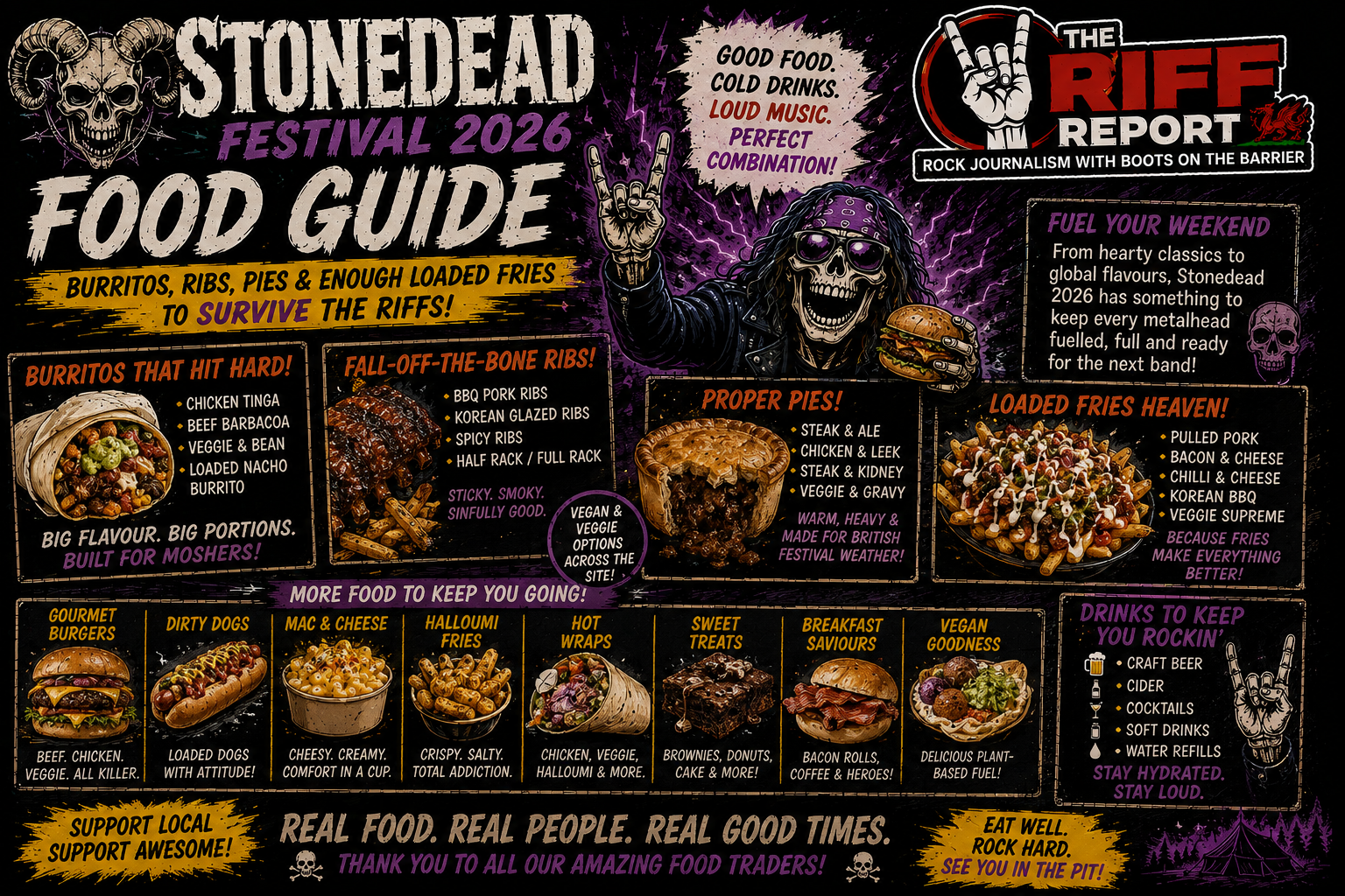 Poster for Stonedead Festival 2026 Food Guide with sections for burritos, ribs, pies, loaded fries and a skeletal rocker mascot.