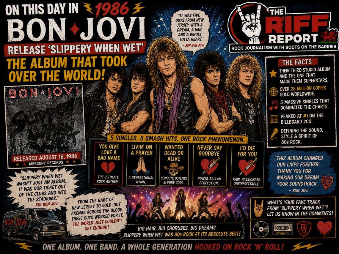 Poster advertising Bon Jovi's 1986 album Slippery When Wet with band photo and 'The Album That Took Over The World' headline.
