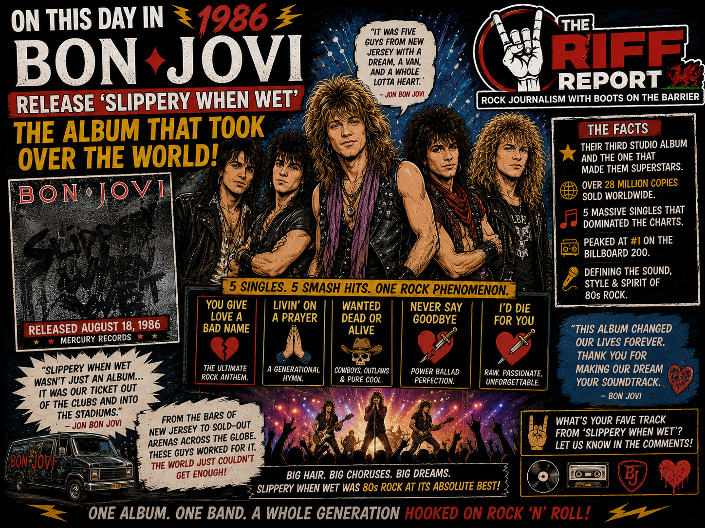 Poster advertising Bon Jovi's 1986 album Slippery When Wet with band photo and 'The Album That Took Over The World' headline.
