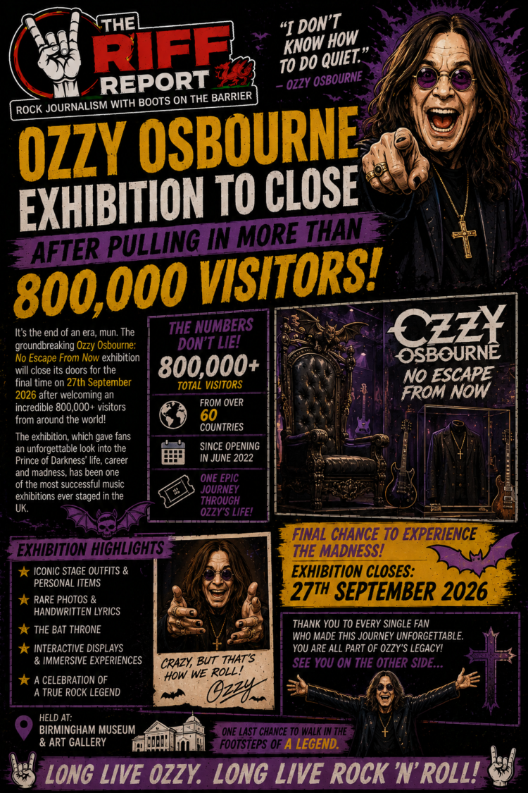 Poster announcing Ozzy Osbourne exhibition closing after attracting 800,000+ visitors, with bold orange title and image of Ozzy pointing toward viewer (promo for Long Live Ozzy).