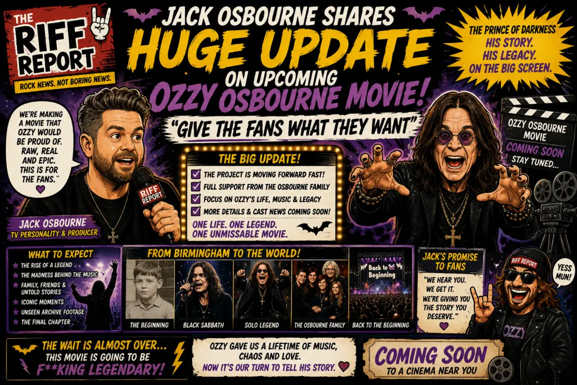 Comic poster announcing a huge update on the Ozzy Osbourne movie, featuring Jack Osbourne at a microphone and Ozzy reaching toward the viewer.