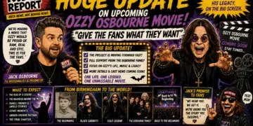 F9fe9e8d-214a-443b-973b-2113bb0ff2b3 - the Riff Report Blog Comic poster announcing a huge update on the Ozzy Osbourne movie, featuring Jack Osbourne at a microphone and Ozzy reaching toward the viewer.