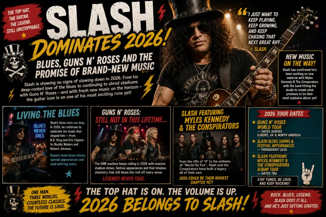 Promotional poster for Slash's 2026 tour, featuring Slash with guitar and bold headlines about new music, tour dates, and legends of blues-rock.