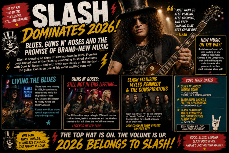 Promotional poster for Slash's 2026 tour, featuring Slash with guitar and bold headlines about new music, tour dates, and legends of blues-rock.