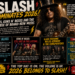 Promotional poster for Slash's 2026 tour, featuring Slash with guitar and bold headlines about new music, tour dates, and legends of blues-rock.