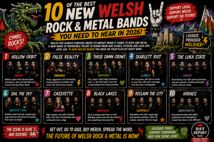 Fb83f18d-8c55-4691-8124-c82f706546a7 - the Riff Report Blog Poster listing 10 Welsh rock/metal bands with rank numbers: 1 Hollow Orbit, 2 False Reality, 3 Those Damn Crows, 4 Skarlett Riot, 5 The Luka State, 6 Sail The Sky, 7 Cassyette, 8 Black Lakes, 9 Reclaim The City, 10 Hiraesβeach tile shows band photo, city/venue tag, and a short description promoting the lineup.